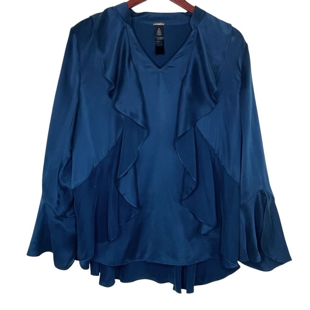 Black Label by Chico's Womens Silk Ruffle Long Sleeve Blouse Teal Size 2 Large